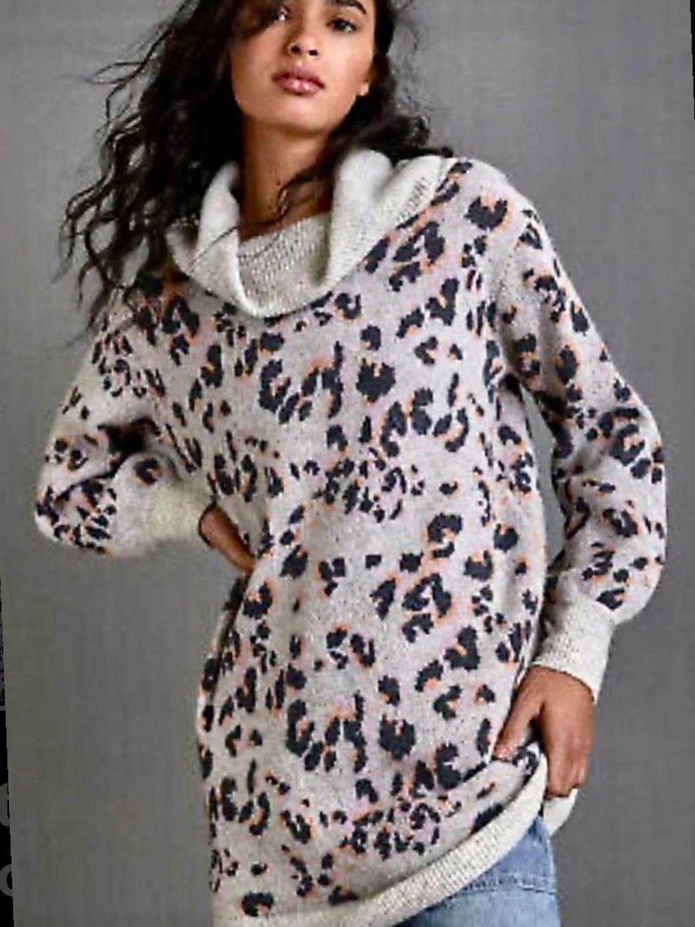 Anthropologie Leopard Print Cowl Neck Sweater Tunic XS Super Soft!
